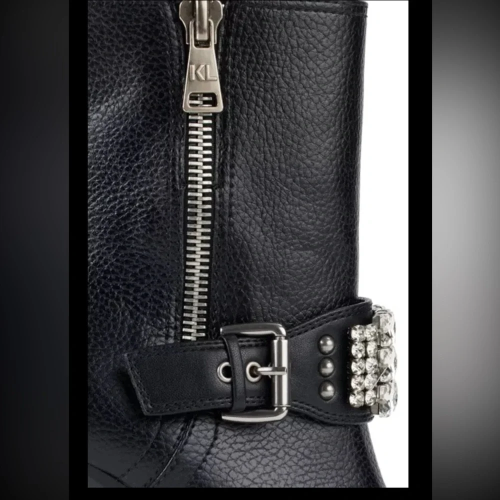 Karl Lagerfeld Mable Lug-Sole Heeled Black Boot W/Crystal & Polished Studs Strap